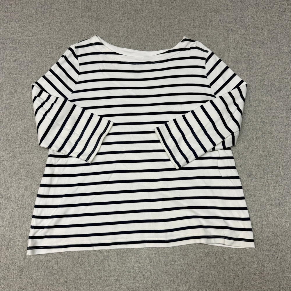 Croft & Barrow Top XL White Navy Blue Striped Boat Neck 3/4 Sleeve Cotton Shirt